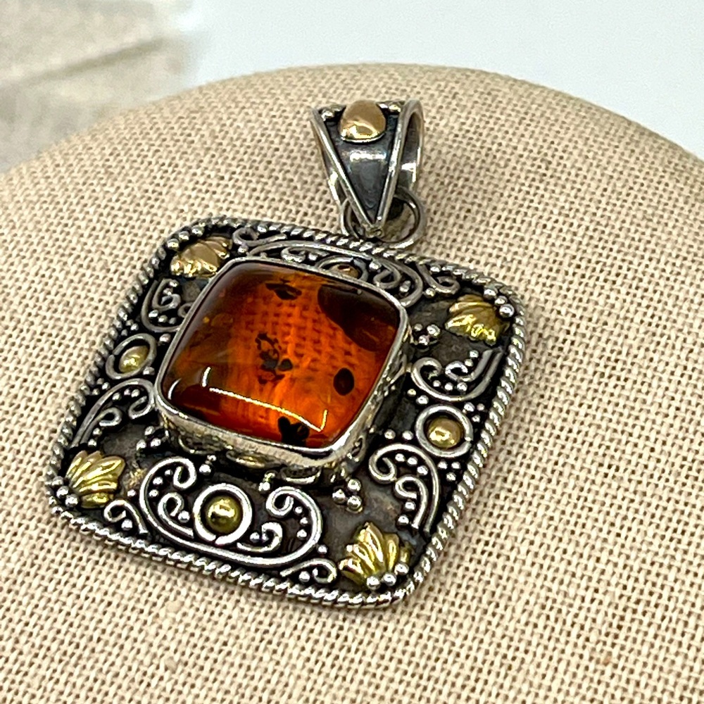 Rare Vintage BA Bali Suarti Amber Pendant Sterling Silver & 18K Gold